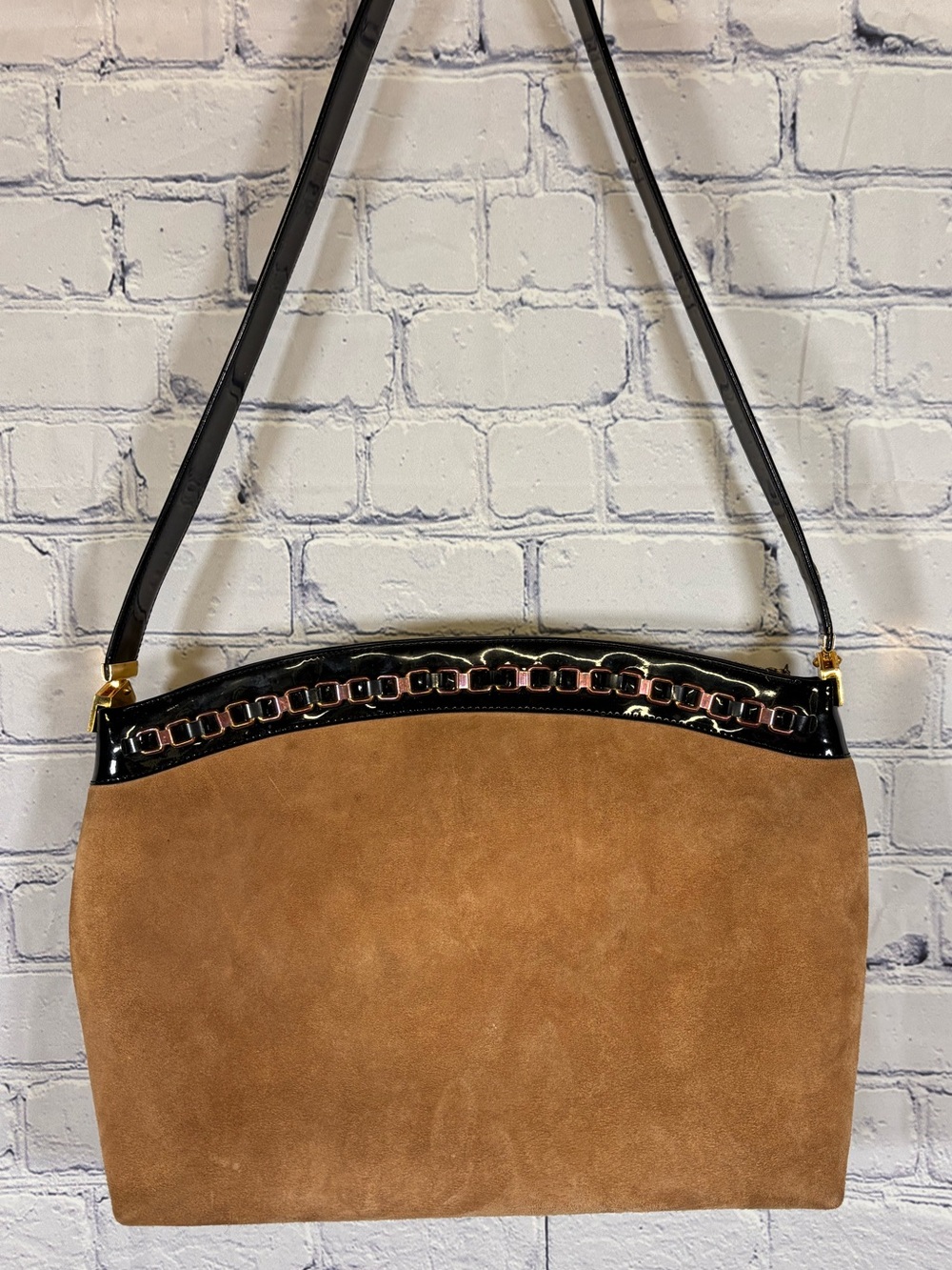 VINTAGE Koret Caramel Suede Patent Leather Convertible Strap Shoulder Purse